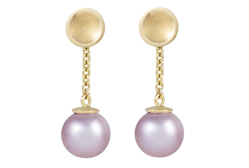 Pink pearl drops on yellow gold studs.