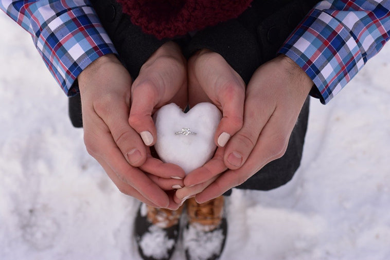 Man and woman's hands holding snowball, forming a heart.