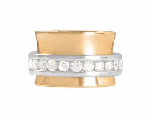 Solid 18k yellow gold band with platinum tumbler set with fine diamonds.