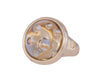 Big yellow gold ring with large round cabochon of citrine. The citrine has bubbles carved into it, and the ring has polka dots carved into it.