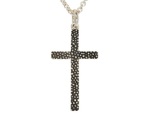 Very large silver cross pendant, blackened.  Hung on silver chain.