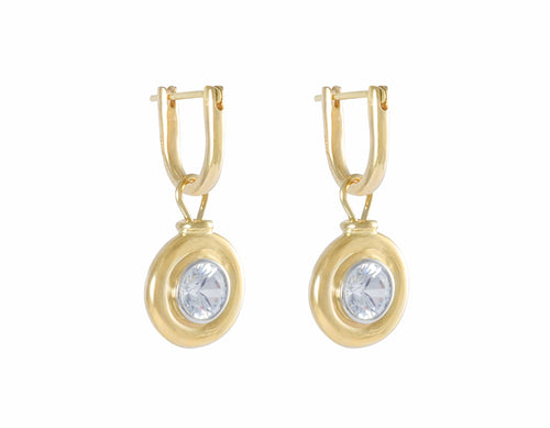 Yellow gold hoop earrings with yellow  gold and platinum drops set with large colourless gems.
