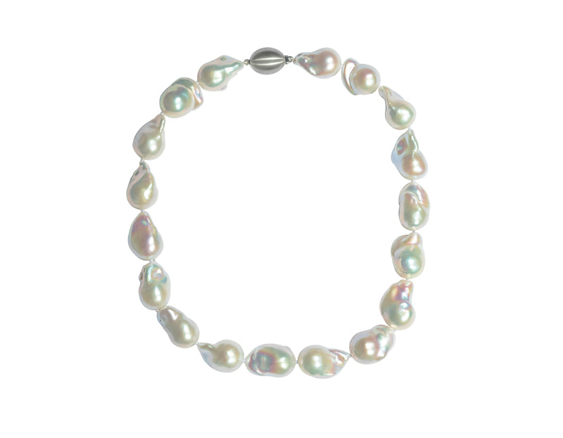 Pearl choker with very large free-form white baroque pearls and white gold clasp. 