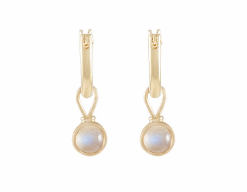 18k yellow gold drops on hoops set with moonstones
