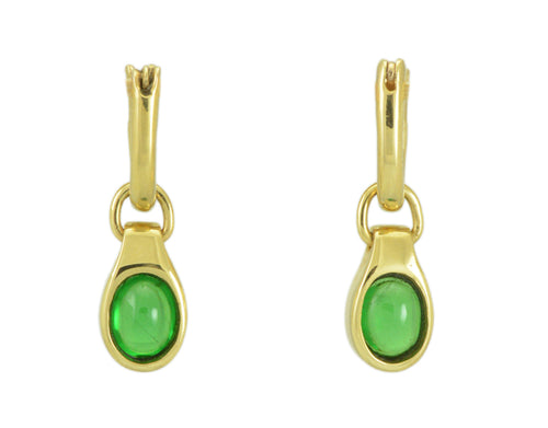 Oval drops with bright green cabochon gems in yellow gold frame. Drops hang on small U shaped hoops in solid yellow gold.