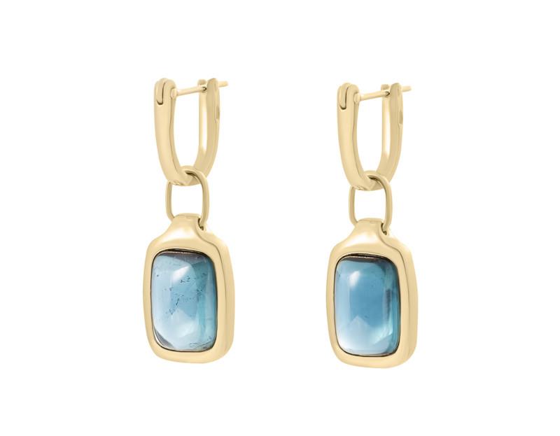 Rectangular blue gem drops in yellow gold on U shaped hoop earrings.