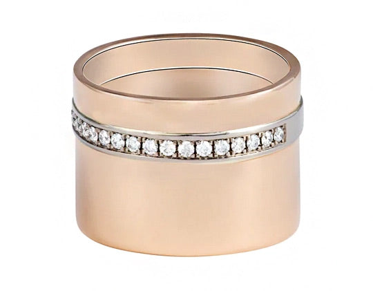 Very wide rose gold band with a long row of diamonds close to one edge of the band.