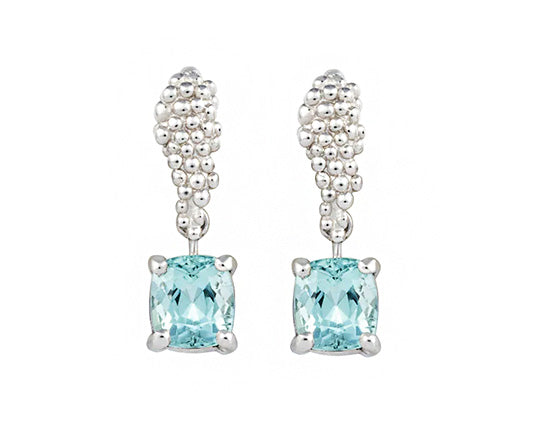 Pair of platinum studs in the shape of a bunch of grapes carved in detail in relief. Hanging from the bottom are light blue tourmalines.