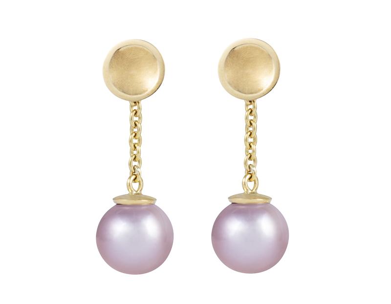 Pink pearl drops with cap and chain hanging from yellow gold studs.