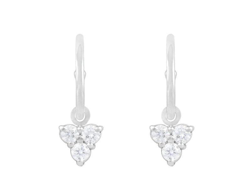 Platinum hoops hung with a trio of diamond to form a tricorne.