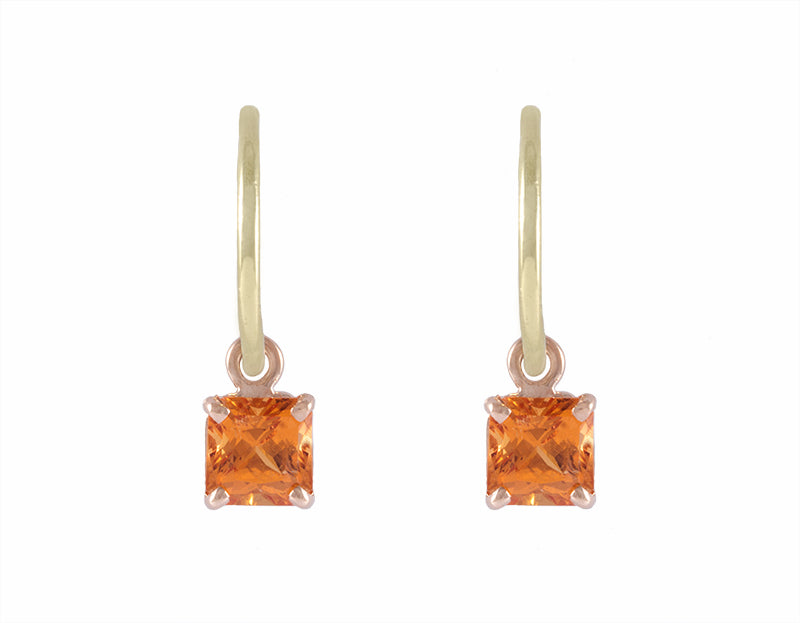 Bright orange spessartite garnet drops in 18k rose gold on 18k green gold hoops