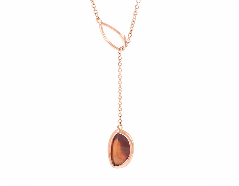 Hessonite garnet pendant, odd shape, adjustable, set in 18k and hung on 14k rose gold chain