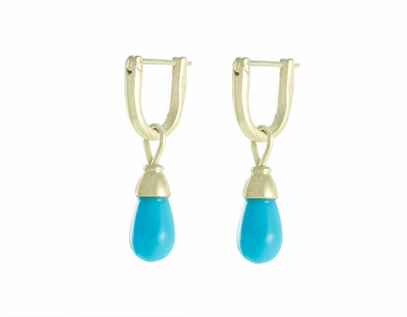 Turquoise briolette drops in 18k green gold on green gold hoops