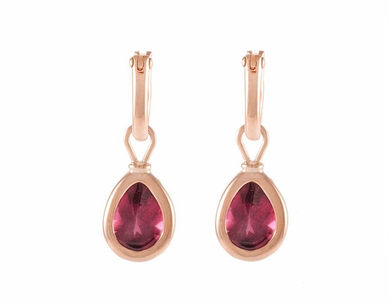 Rhodolite garnets, buff top, set in 18k rose gold on rose gold hoops.