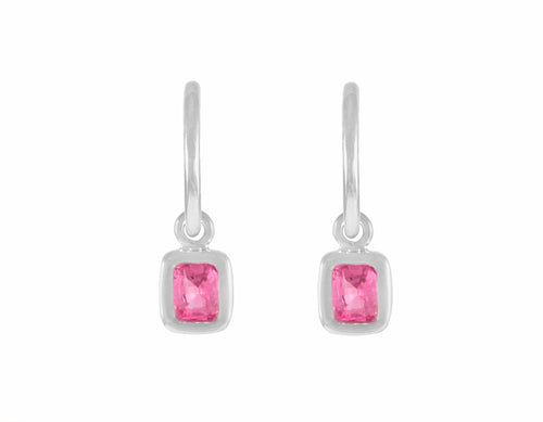 Neon pink spinel drops on platinum hoops