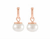 White button pearls in 18k rose gold drops on hoops.