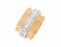 Solid 18k yellow gold band with platinum tumbler set with fine diamonds.