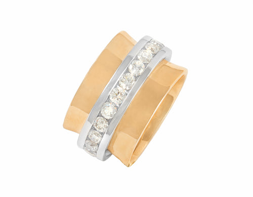 Solid 18k yellow gold band with platinum tumbler set with fine diamonds.