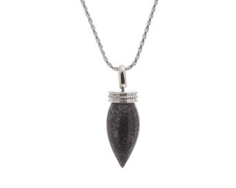Very long pear shaped gem mottled grey and black with white gold cap and chain.