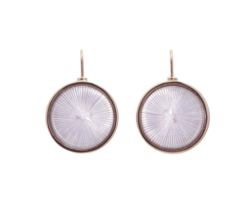 Medium round light purple amethysts carved with radiating lines in rose gold frame and shepherd's hooks.