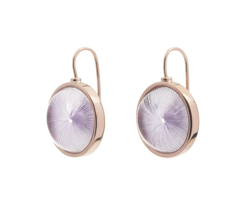 Medium round light purple amethysts carved with radiating lines in rose gold frame and shepherd's hooks.