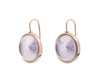 Medium round light purple amethysts carved with radiating lines in rose gold frame and shepherd's hooks.