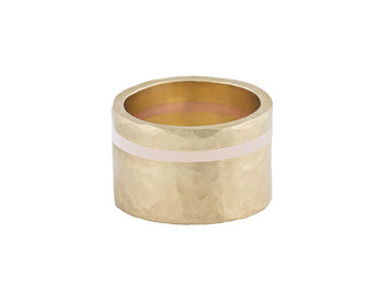 Very wide hammered yellow gold band with thin inset rose gold band offset near one edge.