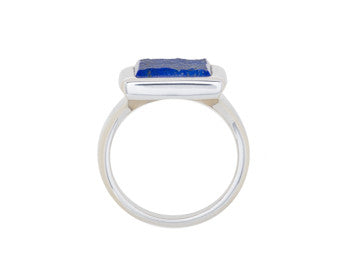 Large silver ring, square face set with rough blue lapis lazuli.