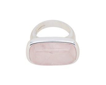 Very large silver ring, rectangle face set with rose quartz.