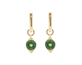 Round drops with rich green  gems in yellow gold frames. Drops hang on small U shaped hoops in solid yellow gold.