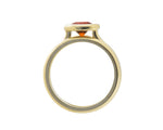 Deep orange round gem in green gold ring and matching green gold bands.