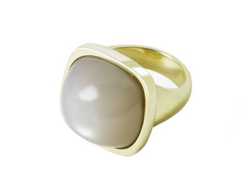 Big green gold ring with large square cabochon of grey moonstone.