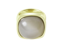 Big green gold ring with large square cabochon of grey moonstone.