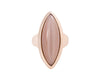 Very long cabochon of salmon pink moonstone coming to point at both ends, set in frame of rose gold.