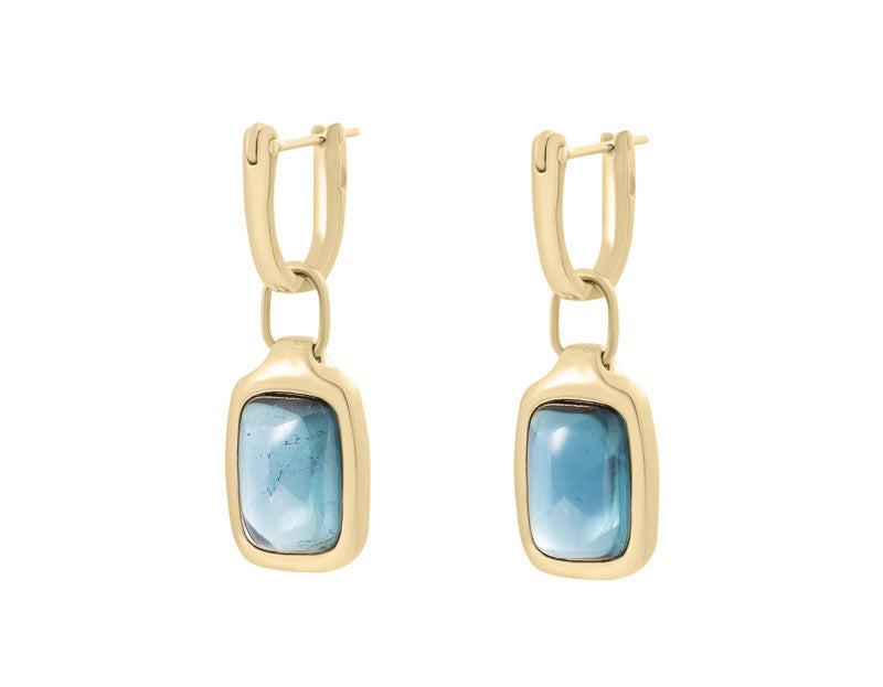 Rectangle drops with bright green-blue cabochon gem in green gold frame. Drops hang on small U shaped hoops in solid green gold.