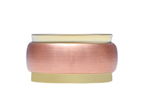 Wide green gold band, slightly concave with slightly less wide rose gold band overlaid on top.