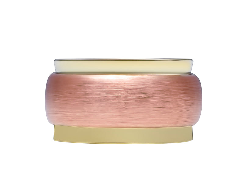 Wide green gold band, slightly concave with slightly less wide rose gold band overlaid on top.