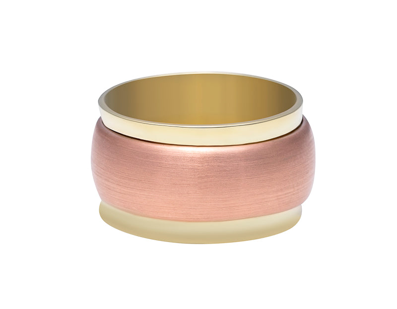 Wide green gold band, slightly concave with slightly less wide rose gold band overlaid on top.