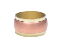 Wide green gold band, slightly concave with slightly less wide rose gold band overlaid on top.
