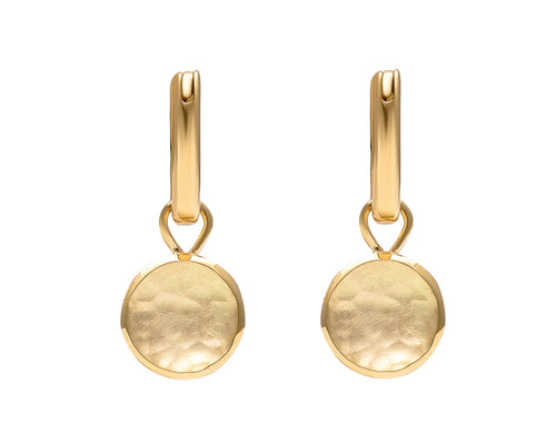 Small round disk drops in yellow gold, hammered texture in slight bowl shape. Drops hang from small U shaped hoops in yellow gold.