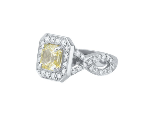 Platinum ring yellow sapphire, halo of diamonds