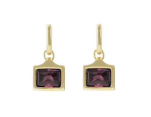 Rectangle drops with bright raspberry red-purple gems in green gold frame. Drops hang on small U shaped hoops in solid green gold.