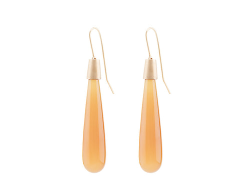 Long pear shaped orange moonstone drops with rose gold caps and shepherd's hooks..