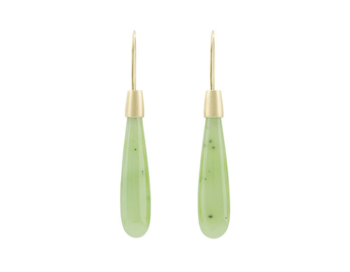 Long pear shaped green jade  drops hanging with green gold caps and shepherd's hooks.