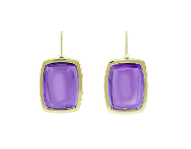 Large rectangle bright purple amethyst cabochons in green gold frame and shepherd's hooks.
