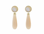 Long pear shaped caramel moonstone drops with round white moonstones studs in yellow gold.