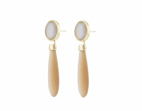 Long pear shaped caramel moonstone drops with round white moonstones studs in yellow gold.