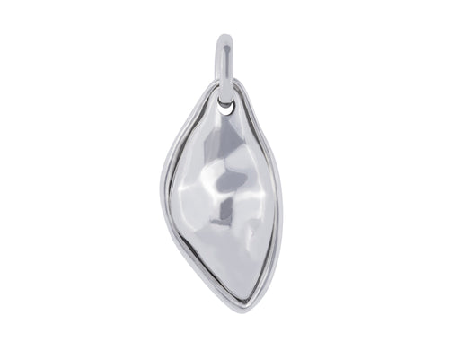 Very long silver drop pendant in the shape of a pea pod, on silver chain.