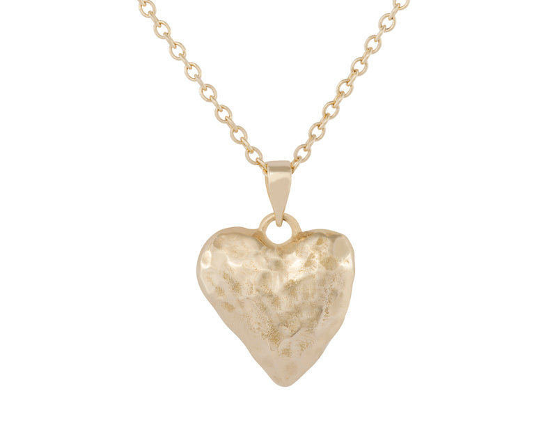 Large, roughly hammered heart pendant in solid yellow 18k gold.