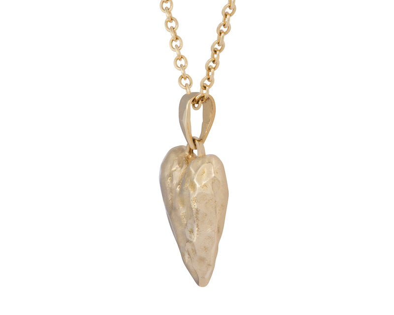 Large, roughly hammered heart pendant in solid yellow 18k gold.